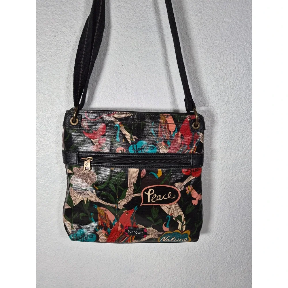 Sakroots Artist Circle Crossbody Bag Black Peace Nature Bird Print Coated Canvas